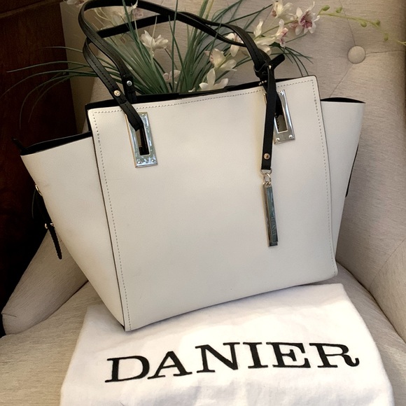 Danier Saffiano Leather Trapeze Style Black and White Handbag - Picture 2 of 13